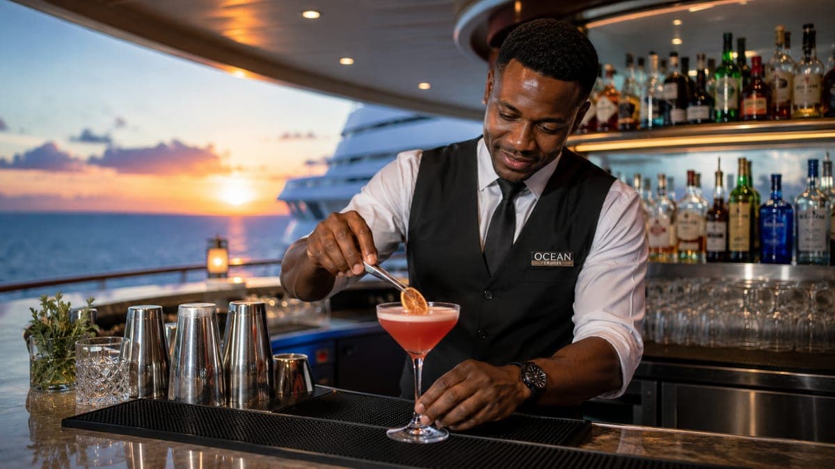 Bartender preparing a cocktail on a cruise ship bar