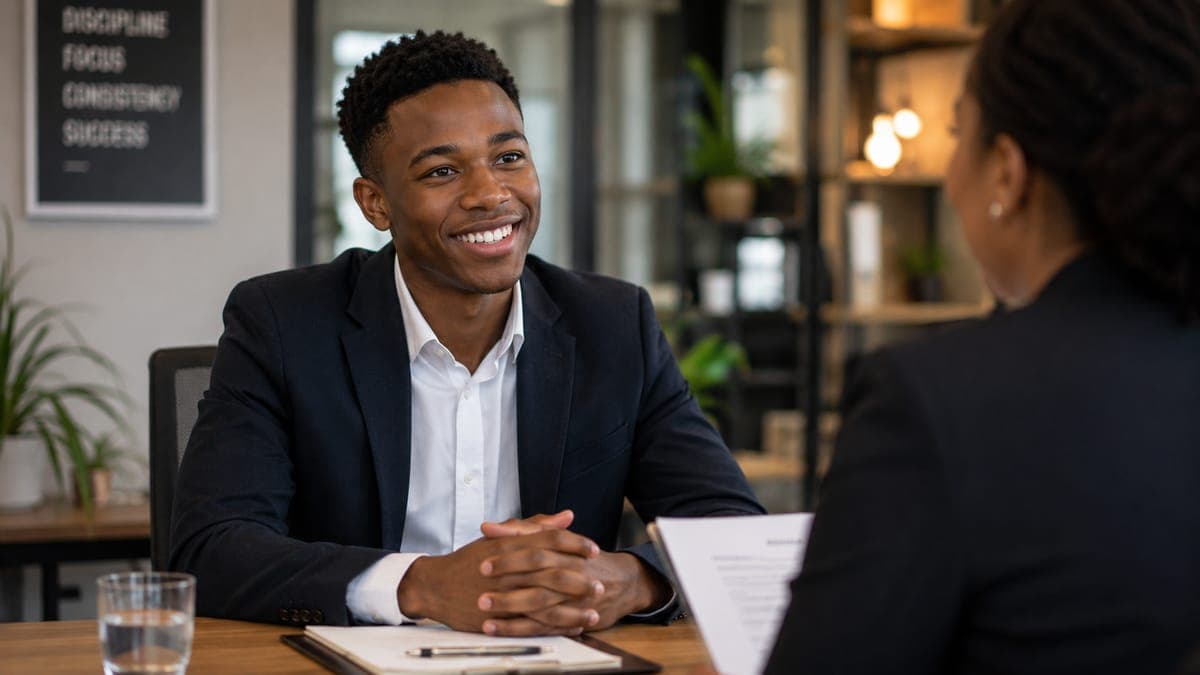 South African job seeker smiling during their first interview across a desk from an interviewer.